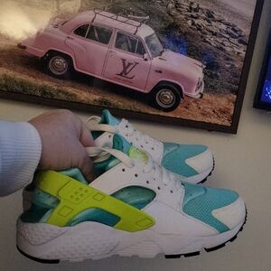 Nike Huarache, Youth Sneakers in White, Aqua, and Neon Green